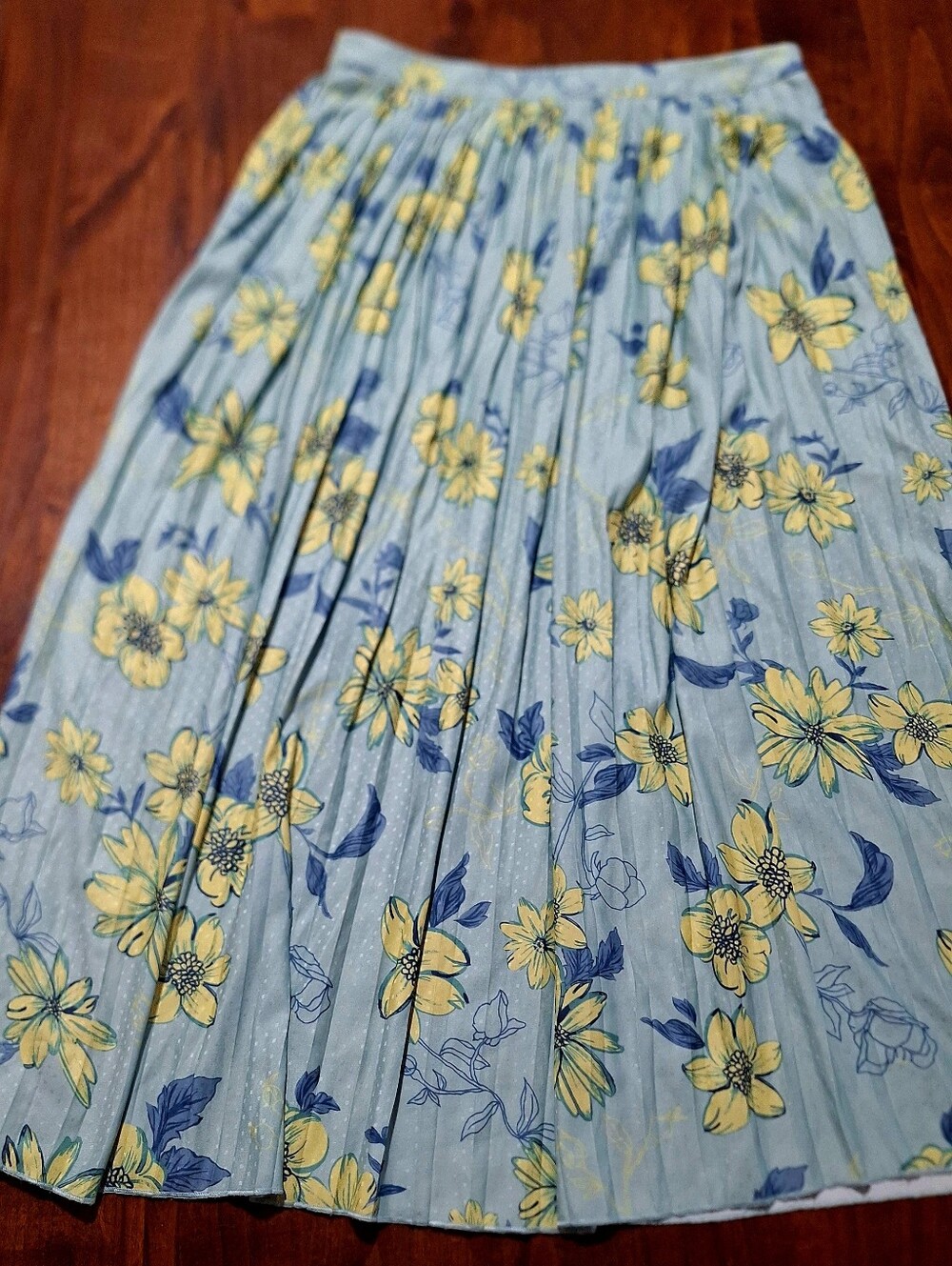 Current Air Blue Pleated Maxi Skirt with Yellow Floral Print
